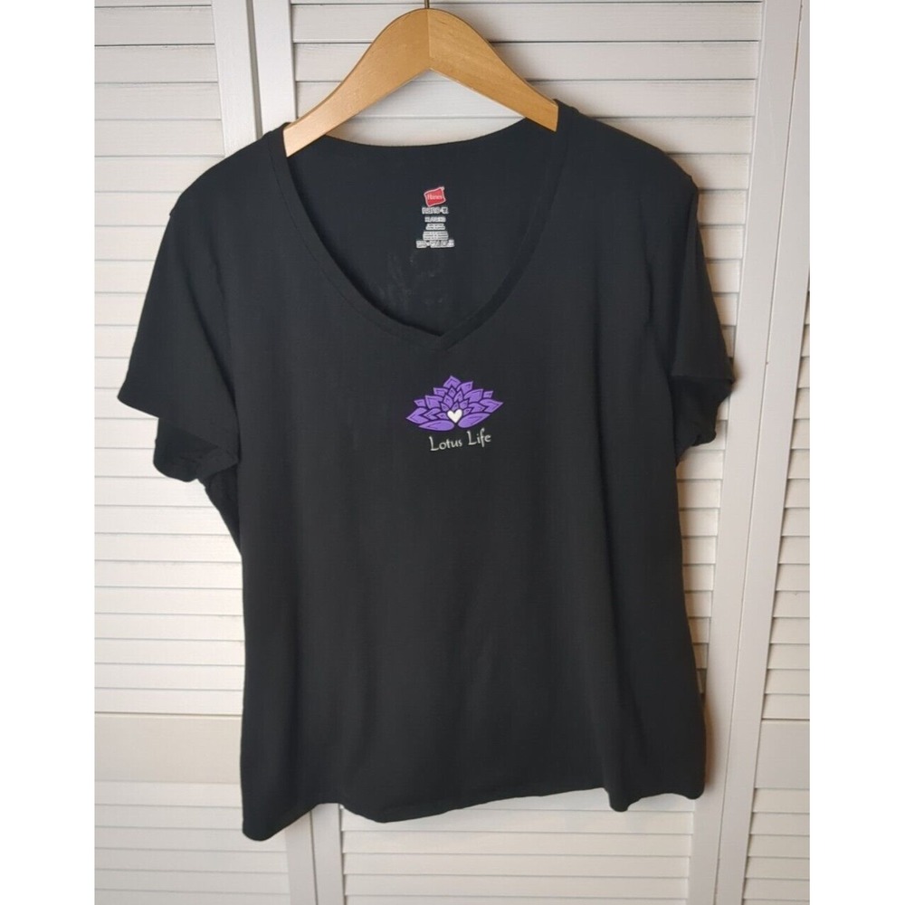 Hanes Black Short Sleeve V-Neck Tee with Purple Lotus Graphic